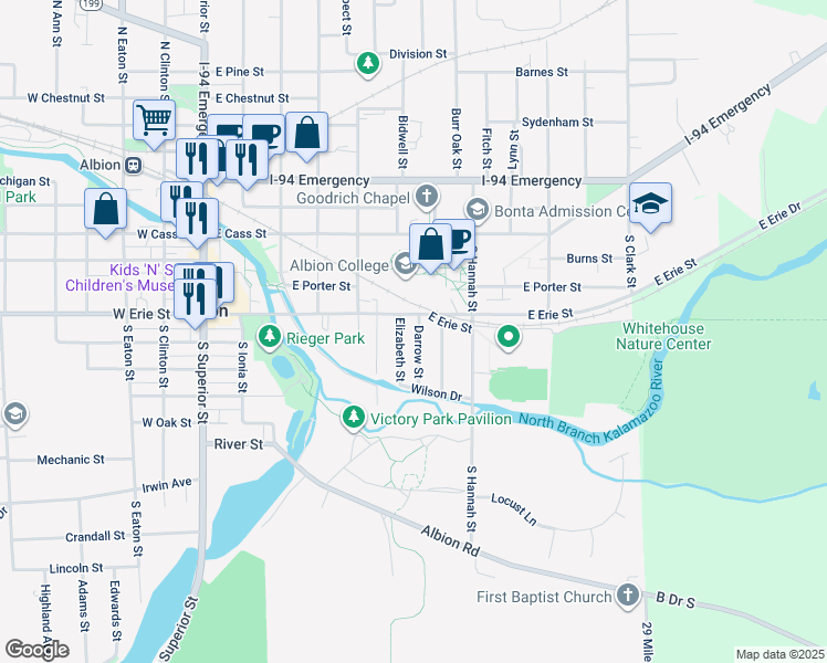 map of restaurants, bars, coffee shops, grocery stores, and more near 601 East Erie Street in Albion
