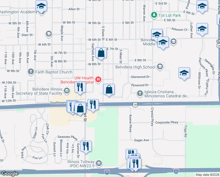 map of restaurants, bars, coffee shops, grocery stores, and more near 1610 Whitney Boulevard in Belvidere