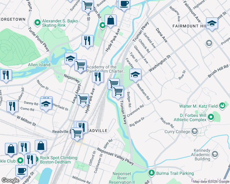 map of restaurants, bars, coffee shops, grocery stores, and more near 1025 Truman Parkway in Boston