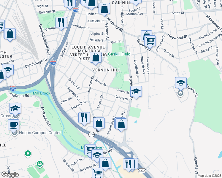 map of restaurants, bars, coffee shops, grocery stores, and more near 25 Ames Street in Worcester