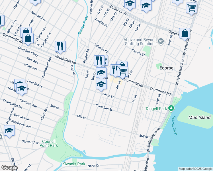 map of restaurants, bars, coffee shops, grocery stores, and more near 4536 6th Street in Ecorse