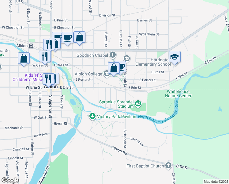 map of restaurants, bars, coffee shops, grocery stores, and more near 614 East Erie Street in Albion