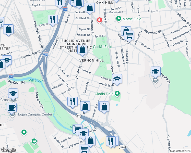 map of restaurants, bars, coffee shops, grocery stores, and more near 25 Ames Street in Worcester