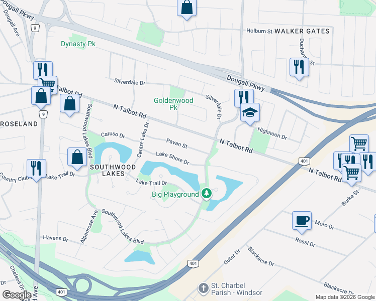 map of restaurants, bars, coffee shops, grocery stores, and more near 937 Pavan Street in Windsor