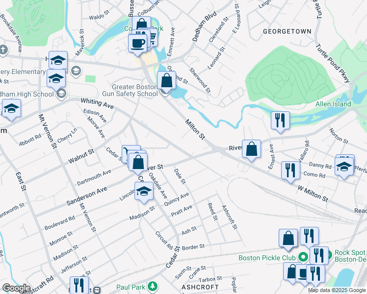map of restaurants, bars, coffee shops, grocery stores, and more near 28 Flanagan Place in Dedham