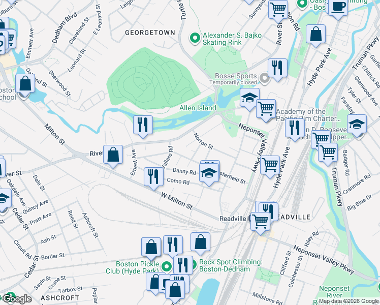 map of restaurants, bars, coffee shops, grocery stores, and more near 75 Imbaro Road in Boston