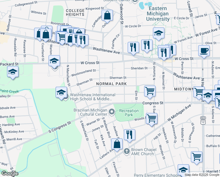 map of restaurants, bars, coffee shops, grocery stores, and more near in Ypsilanti