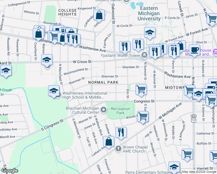 map of restaurants, bars, coffee shops, grocery stores, and more near 103 Oakwood Street in Ypsilanti
