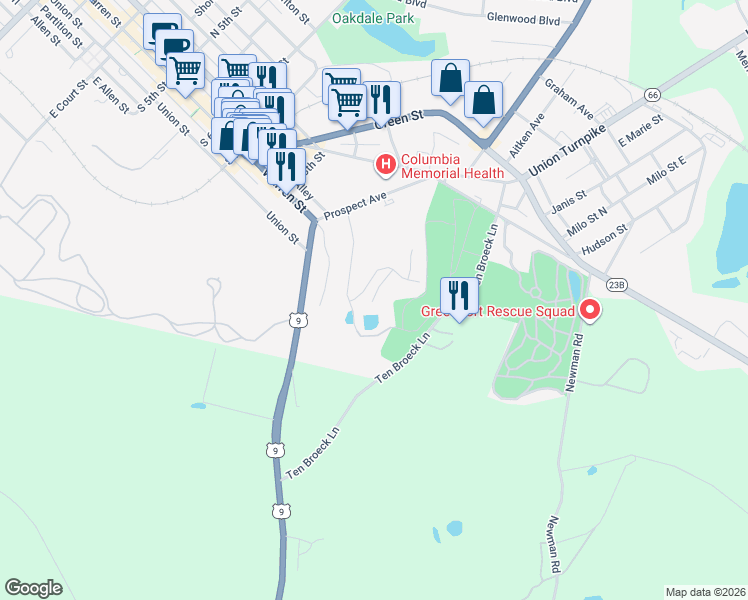 map of restaurants, bars, coffee shops, grocery stores, and more near 54 Van Winkle Road in Hudson