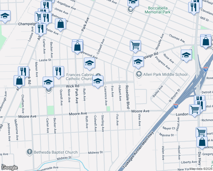 map of restaurants, bars, coffee shops, grocery stores, and more near 9000 Laurence Avenue in Allen Park