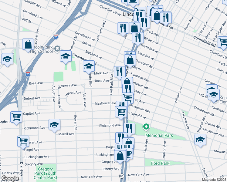 map of restaurants, bars, coffee shops, grocery stores, and more near 1324 Progress Avenue in Lincoln Park