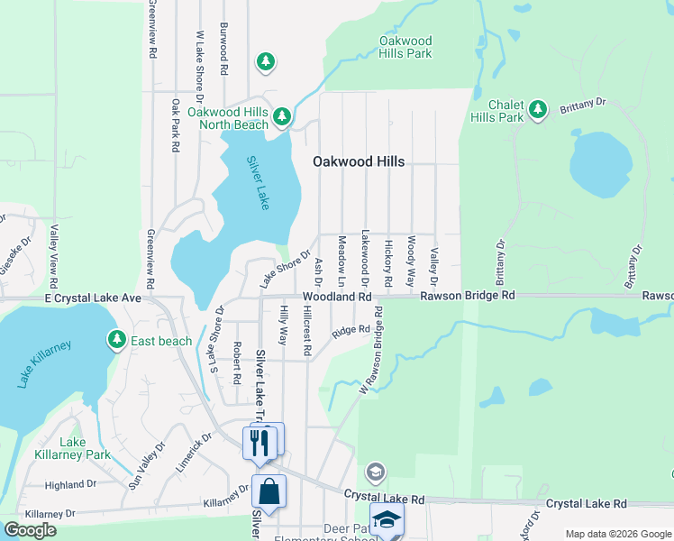 map of restaurants, bars, coffee shops, grocery stores, and more near 13 Meadow Lane in Oakwood Hills