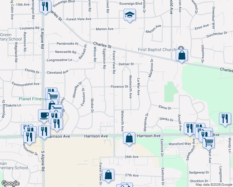 map of restaurants, bars, coffee shops, grocery stores, and more near 2206 Forest View Road in Rockford