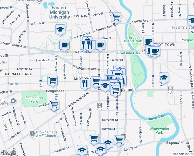 map of restaurants, bars, coffee shops, grocery stores, and more near 112 North Hamilton Street in Ypsilanti