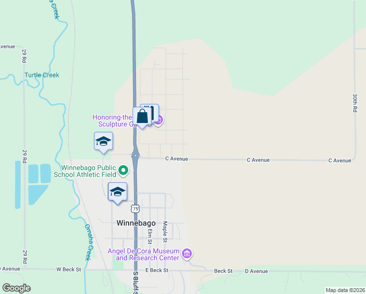 map of restaurants, bars, coffee shops, grocery stores, and more near Bureau of Indian Affairs Road 52 in Winnebago