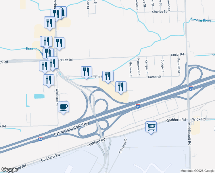 map of restaurants, bars, coffee shops, grocery stores, and more near 30653 Flynn Drive in Romulus