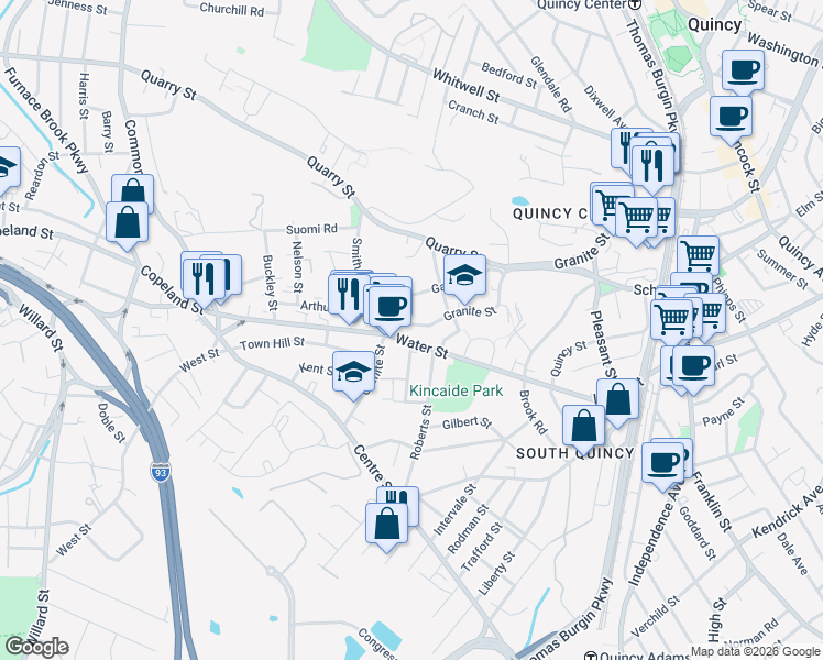 map of restaurants, bars, coffee shops, grocery stores, and more near 357 Granite Street in Quincy