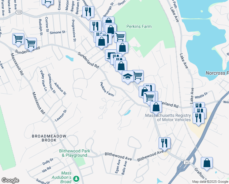 map of restaurants, bars, coffee shops, grocery stores, and more near 270 Sunderland Road in Worcester