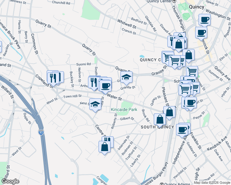 map of restaurants, bars, coffee shops, grocery stores, and more near 325 Granite Street in Quincy