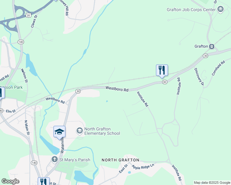 map of restaurants, bars, coffee shops, grocery stores, and more near 120 Westboro Road in Grafton