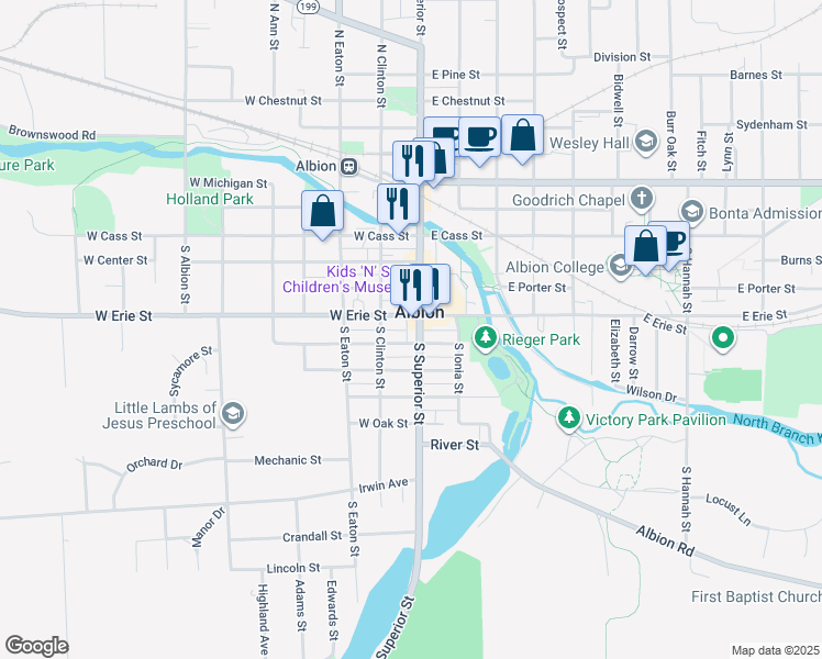 map of restaurants, bars, coffee shops, grocery stores, and more near 408 South Superior Street in Albion