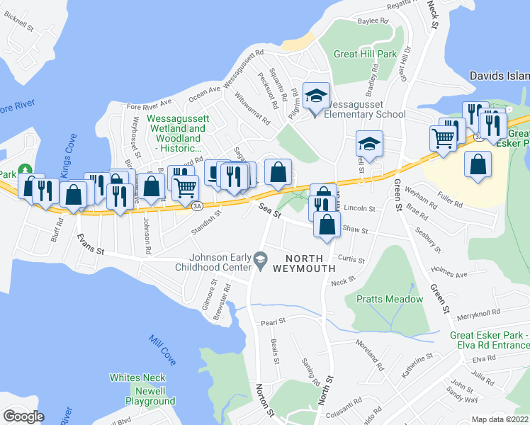map of restaurants, bars, coffee shops, grocery stores, and more near 80 Sea Street in Weymouth