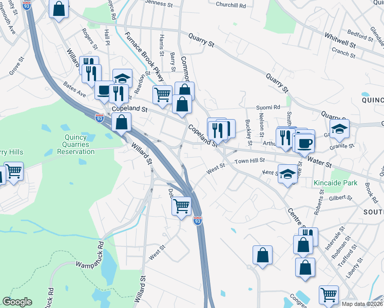 map of restaurants, bars, coffee shops, grocery stores, and more near 1294 Furnace Brook Parkway in Quincy