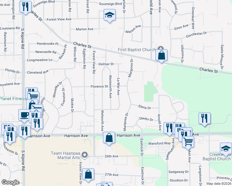 map of restaurants, bars, coffee shops, grocery stores, and more near 5015 Florence Street in Rockford