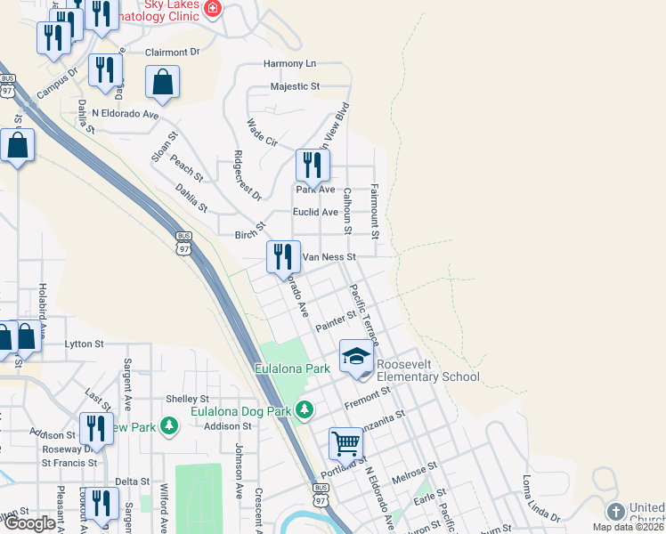 map of restaurants, bars, coffee shops, grocery stores, and more near 1991 Van Ness Street in Klamath Falls