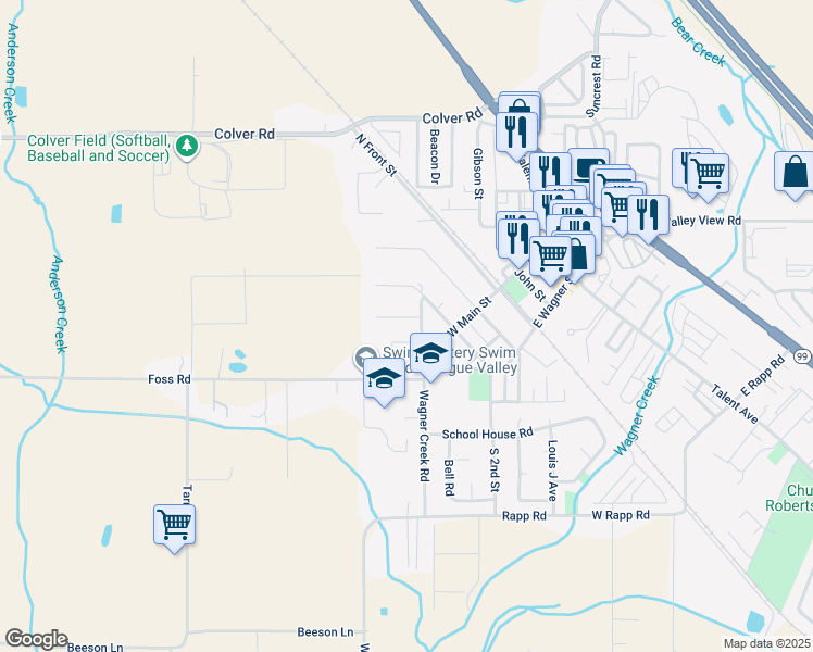 map of restaurants, bars, coffee shops, grocery stores, and more near 104 North 3rd Street in Talent