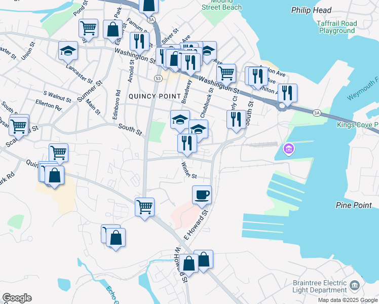 map of restaurants, bars, coffee shops, grocery stores, and more near 26 Chubbuck Street in Quincy