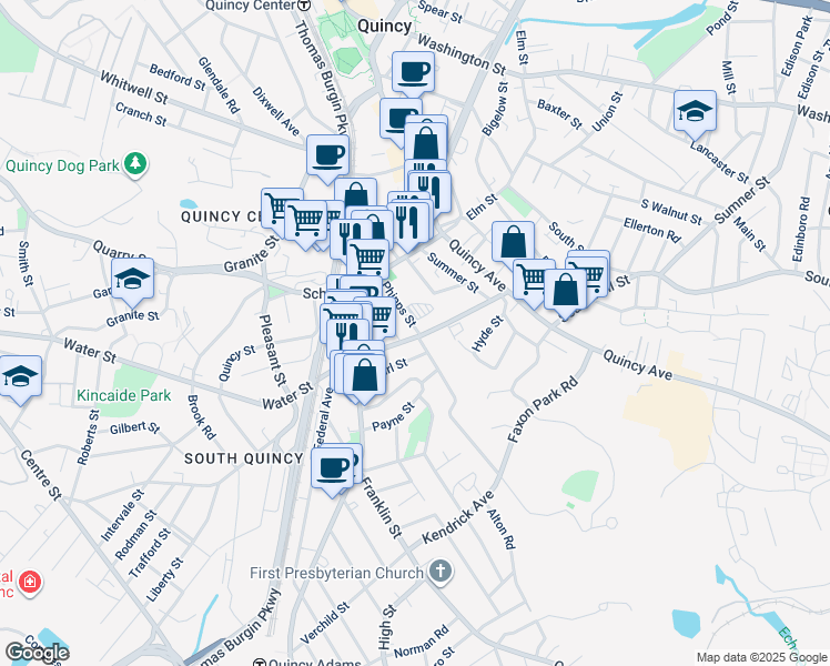 map of restaurants, bars, coffee shops, grocery stores, and more near 52 Phipps Street in Quincy