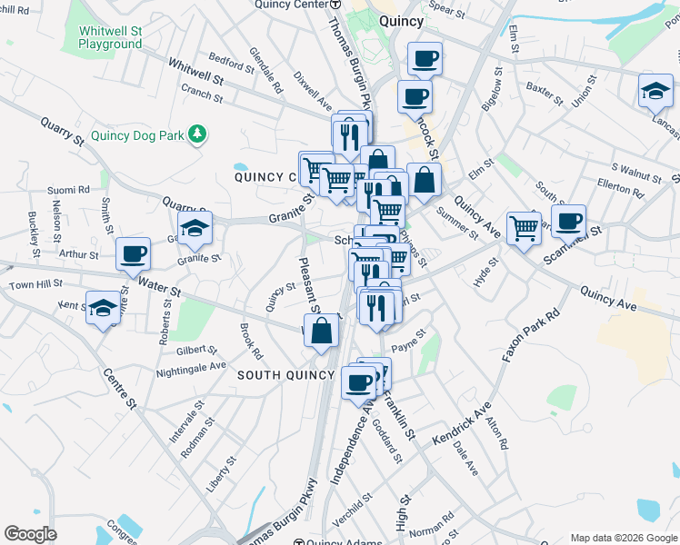 map of restaurants, bars, coffee shops, grocery stores, and more near 17 Marsh Street in Quincy