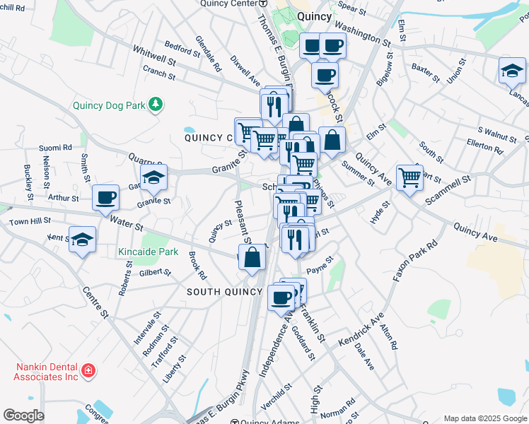 map of restaurants, bars, coffee shops, grocery stores, and more near 17 Marsh Street in Quincy