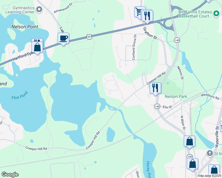 map of restaurants, bars, coffee shops, grocery stores, and more near 40 Creeper Hill Road in Grafton