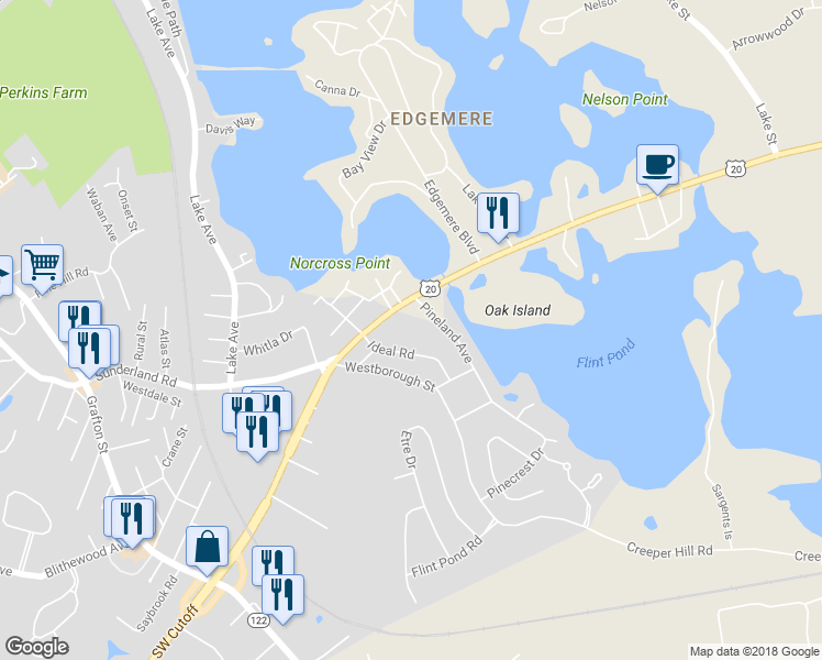map of restaurants, bars, coffee shops, grocery stores, and more near 2 Pineland Avenue in Worcester