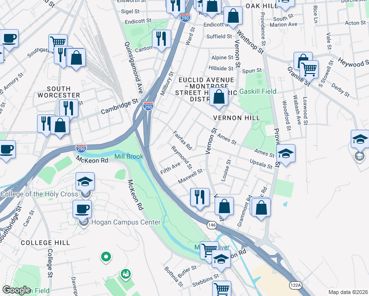 map of restaurants, bars, coffee shops, grocery stores, and more near 35 Fairfax Road in Worcester