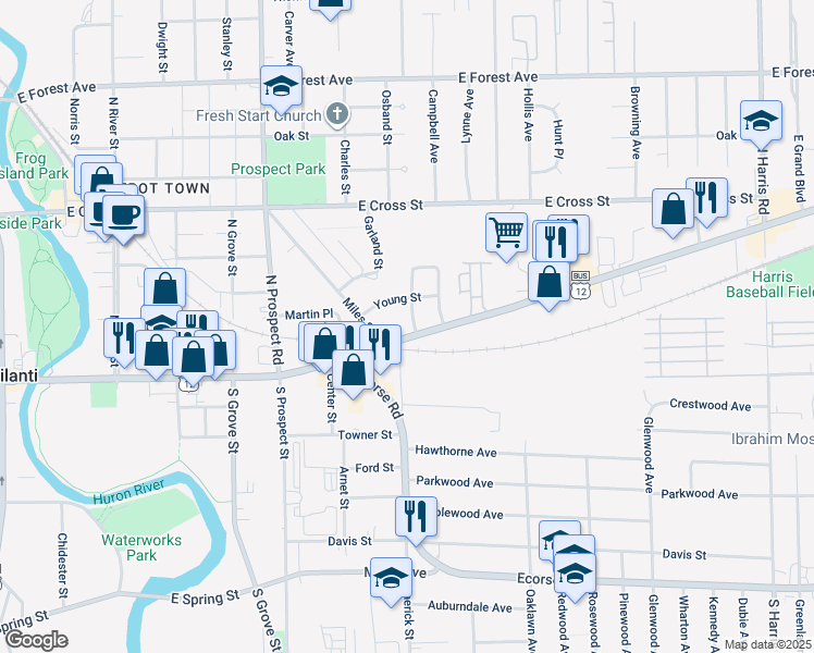 map of restaurants, bars, coffee shops, grocery stores, and more near 56 Johnson Street in Ypsilanti