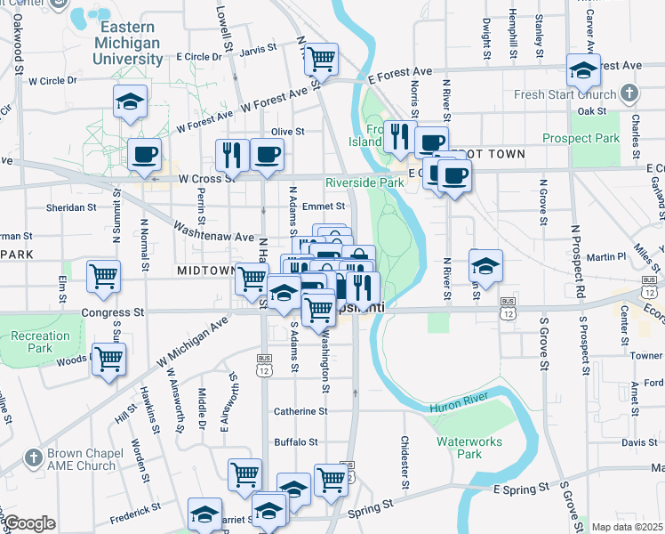 map of restaurants, bars, coffee shops, grocery stores, and more near 148 North Washington Street in Ypsilanti