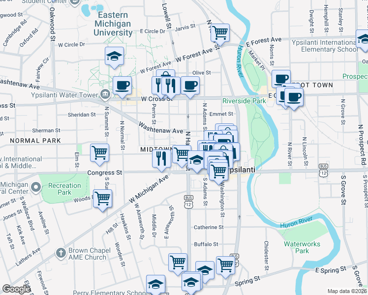 map of restaurants, bars, coffee shops, grocery stores, and more near 112 North Hamilton Street in Ypsilanti