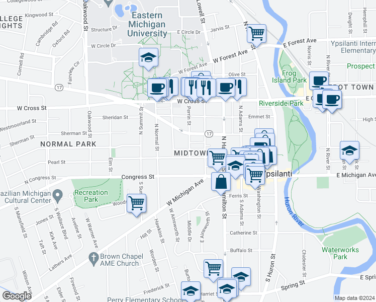 map of restaurants, bars, coffee shops, grocery stores, and more near 115 Perrin Street in Ypsilanti