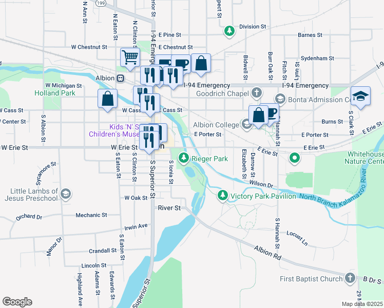 map of restaurants, bars, coffee shops, grocery stores, and more near 218 East Erie Street in Albion