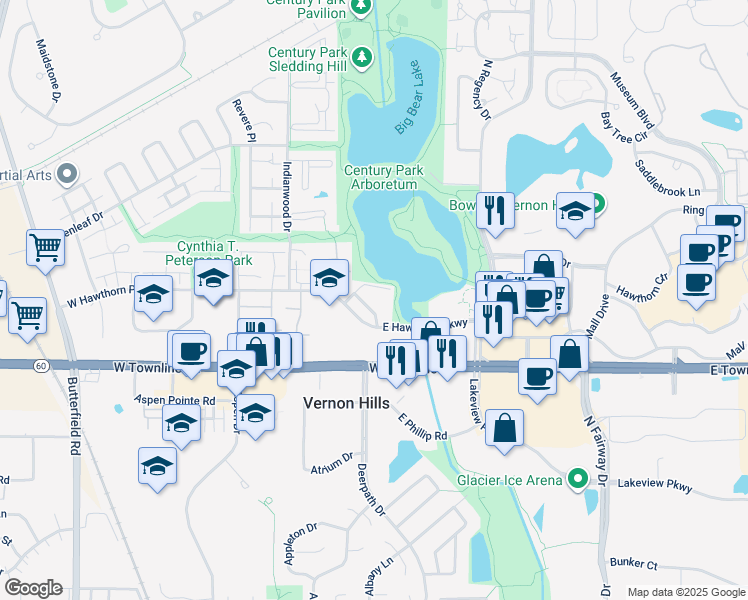 map of restaurants, bars, coffee shops, grocery stores, and more near 10 East Hawthorn Parkway in Vernon Hills