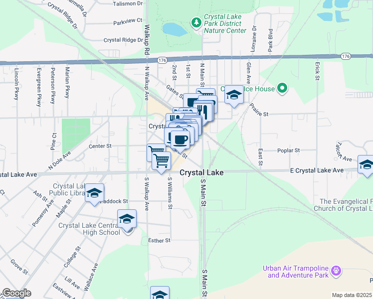 map of restaurants, bars, coffee shops, grocery stores, and more near 83 North Williams Street in Crystal Lake
