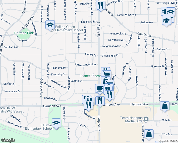 map of restaurants, bars, coffee shops, grocery stores, and more near 2315 Eastmoreland Avenue in Rockford