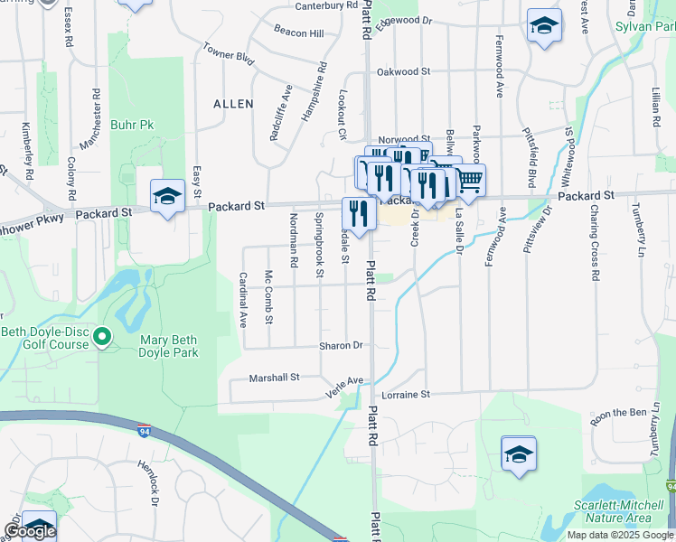 map of restaurants, bars, coffee shops, grocery stores, and more near 3140 Rosedale Street in Ann Arbor