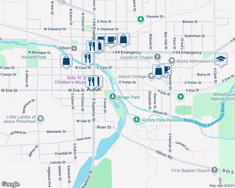 map of restaurants, bars, coffee shops, grocery stores, and more near 218 East Erie Street in Albion