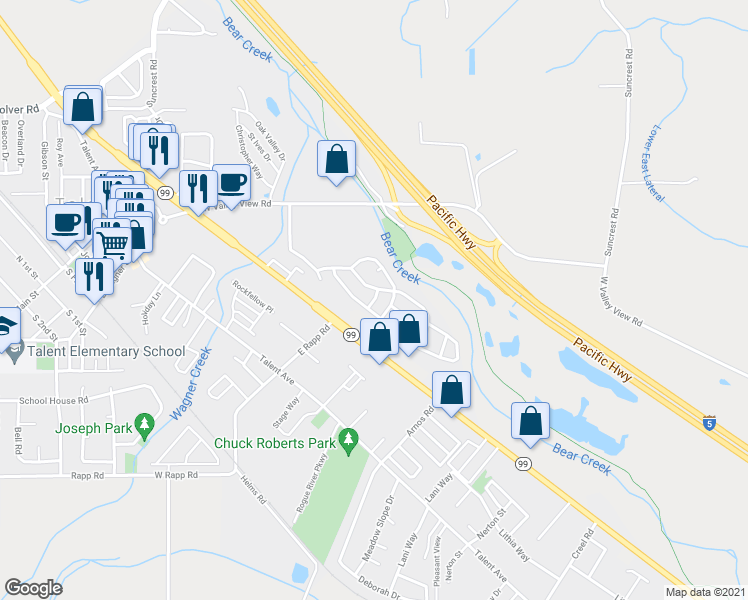 map of restaurants, bars, coffee shops, grocery stores, and more near Ellen Way in Talent