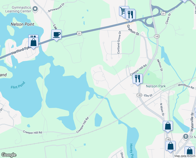 map of restaurants, bars, coffee shops, grocery stores, and more near 40 Creeper Hill Road in Grafton