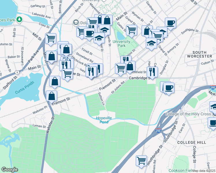 map of restaurants, bars, coffee shops, grocery stores, and more near 169 Fremont Street in Worcester